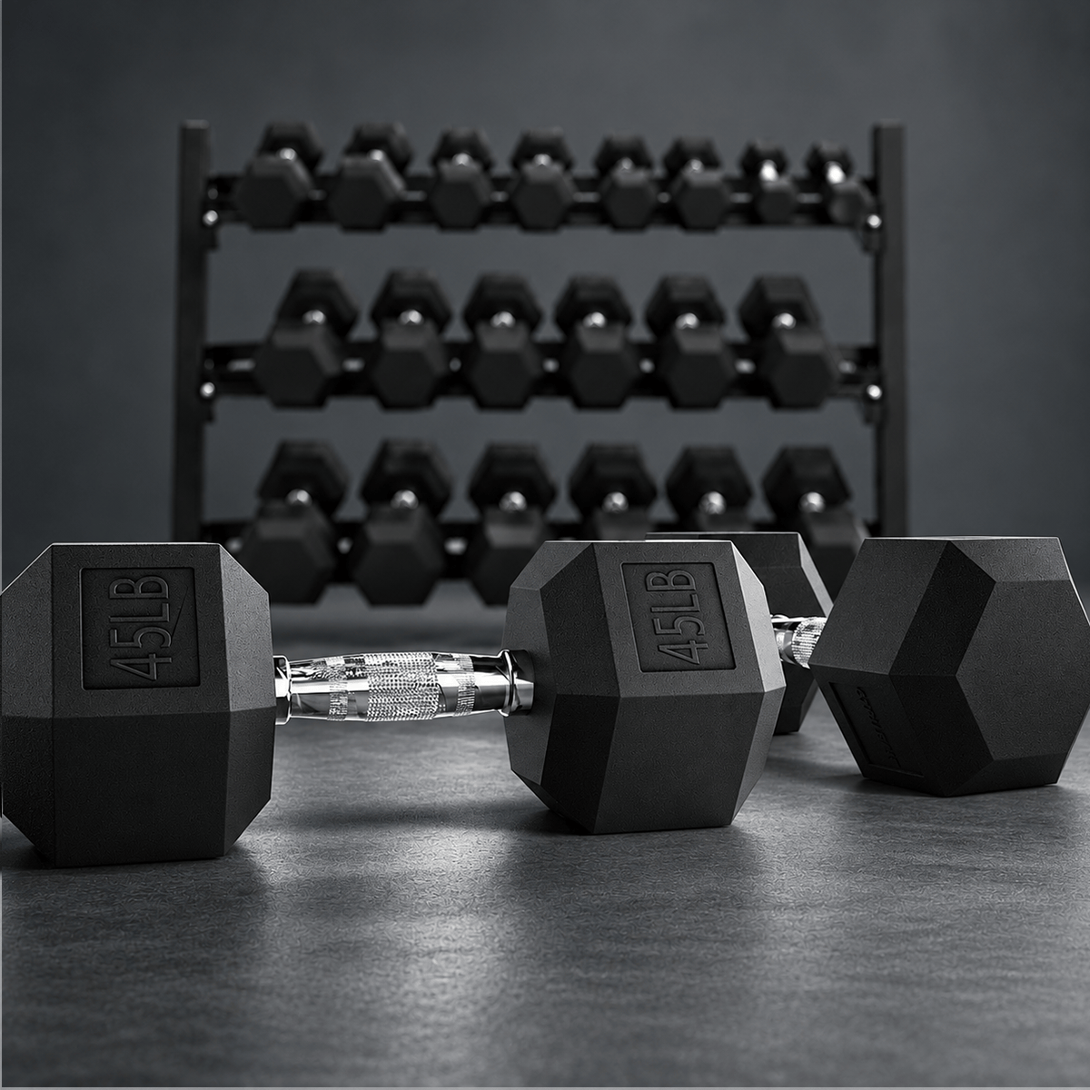Rubber Hex Dumbbell Set with Rack